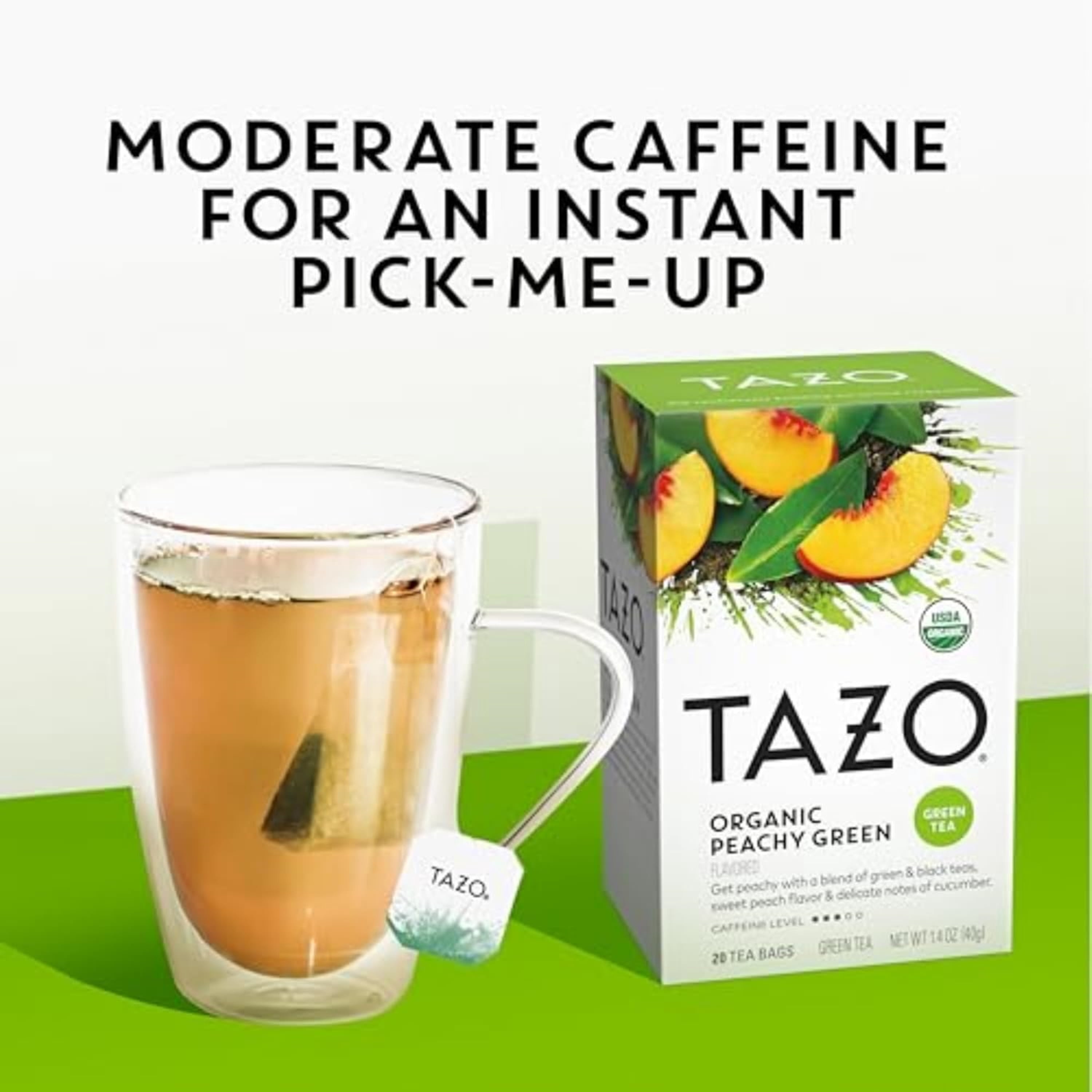 TAZO Peachy Green Tea Bags USDA Organic Half Caffeine 20 Count Pack of 6