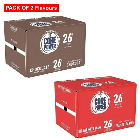Core Power Fairlife High Protein Shakes, Chocolate & Strawberry Banana Flavor Pack (12 Bottle Pack of Each Flavor)