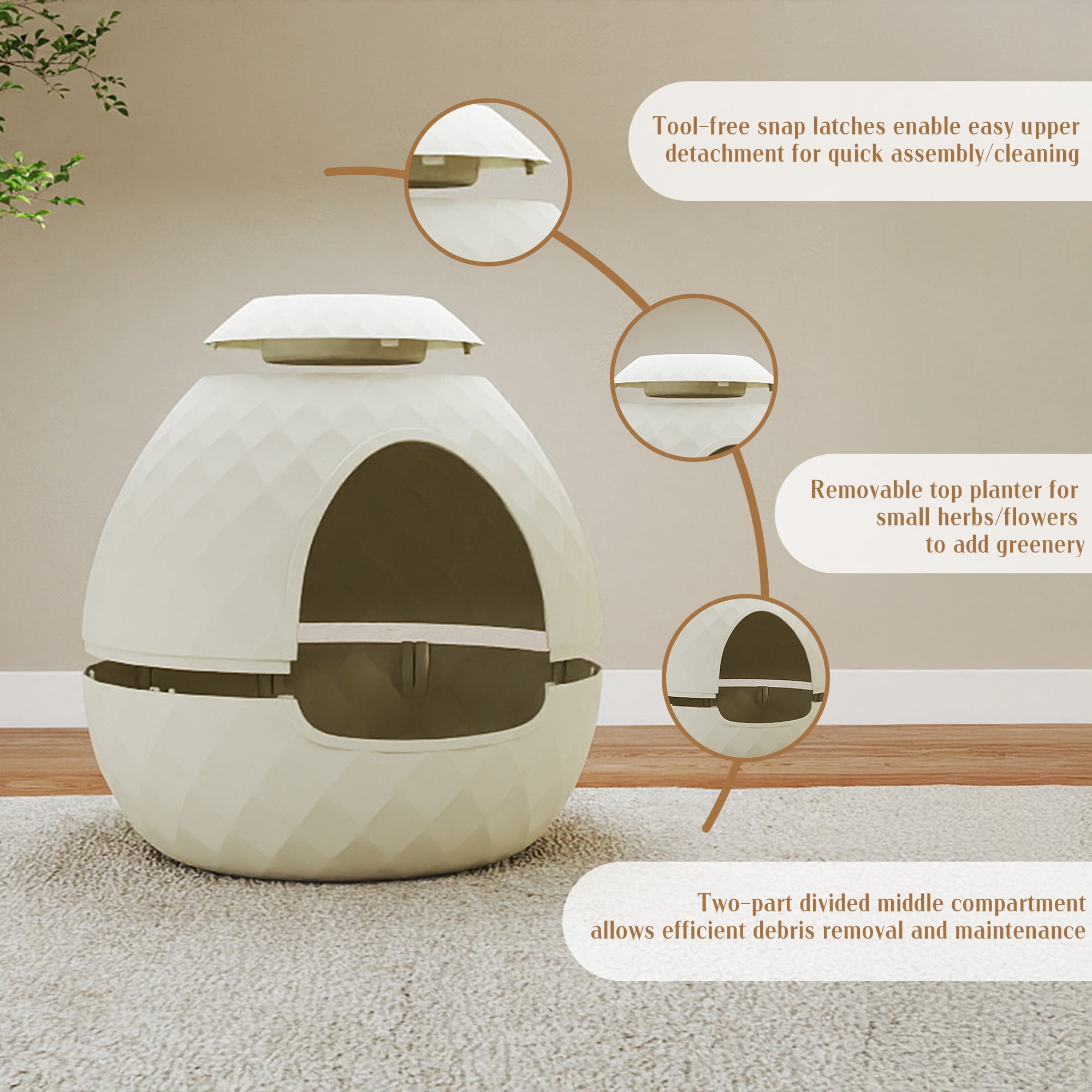 EasyUp Cat Litter Box Enclosure Hidden Litter Box Furniture with Removable Planter Top Vented Easy to Clean Multi-Functional for Living Room Indoor, White
