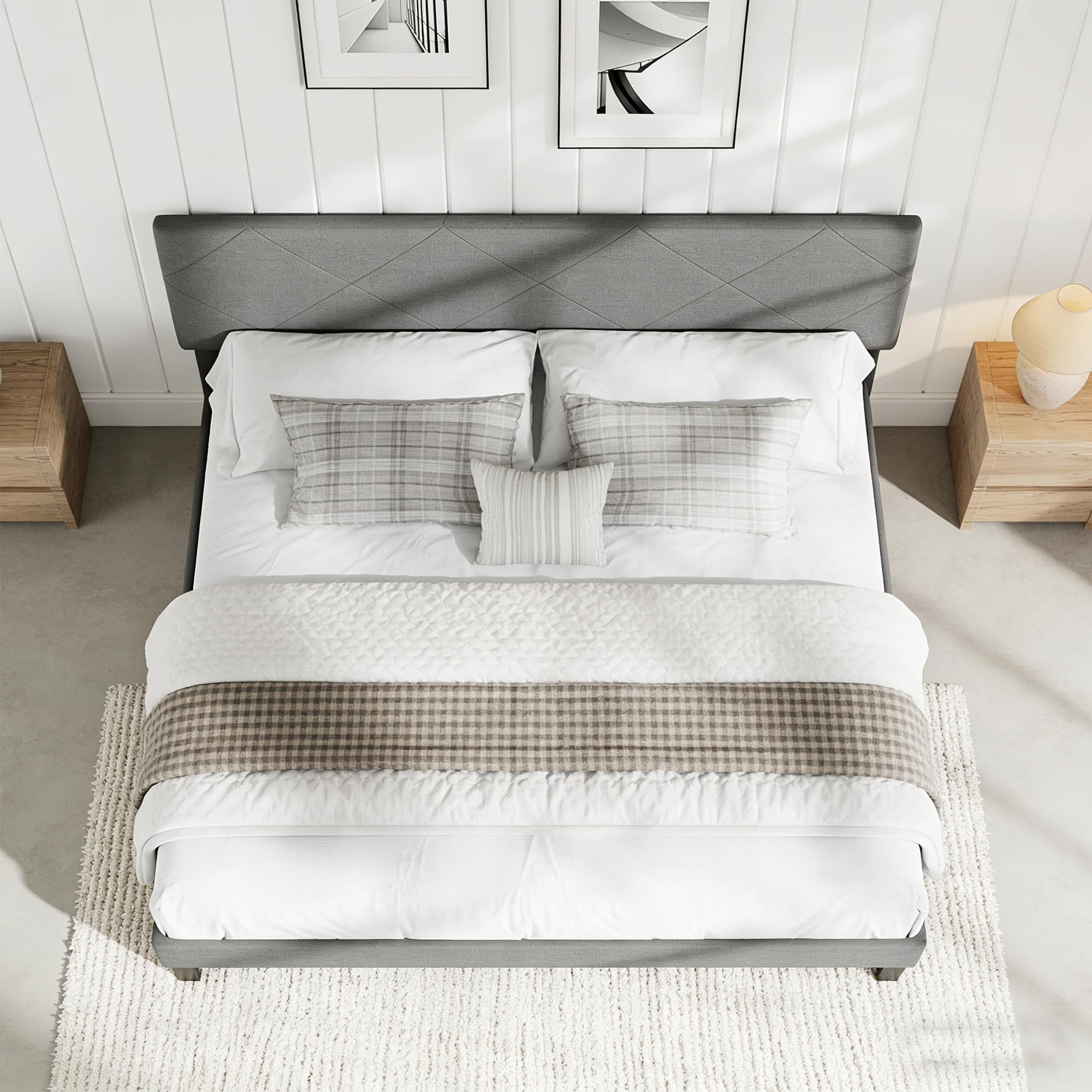Modern Upholstered Bed Frame with High-Quilted Headboard – Gray Fabric Platform. 900lb Capacity. King size