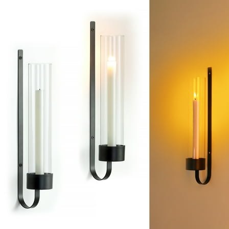 Sziqiqi Set of 2 Minimalist Black Candle Sconces Wall Mounted: Metal Candlestick Holders with Heat-Resistant Glass Cylinder for Dining Room Bathroom Hallway Decor