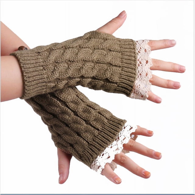 Guantes de lana con hermosos puños de encaje y mangas de encaje para mujer, guantes de punto cálidos de medio dedo para invierno