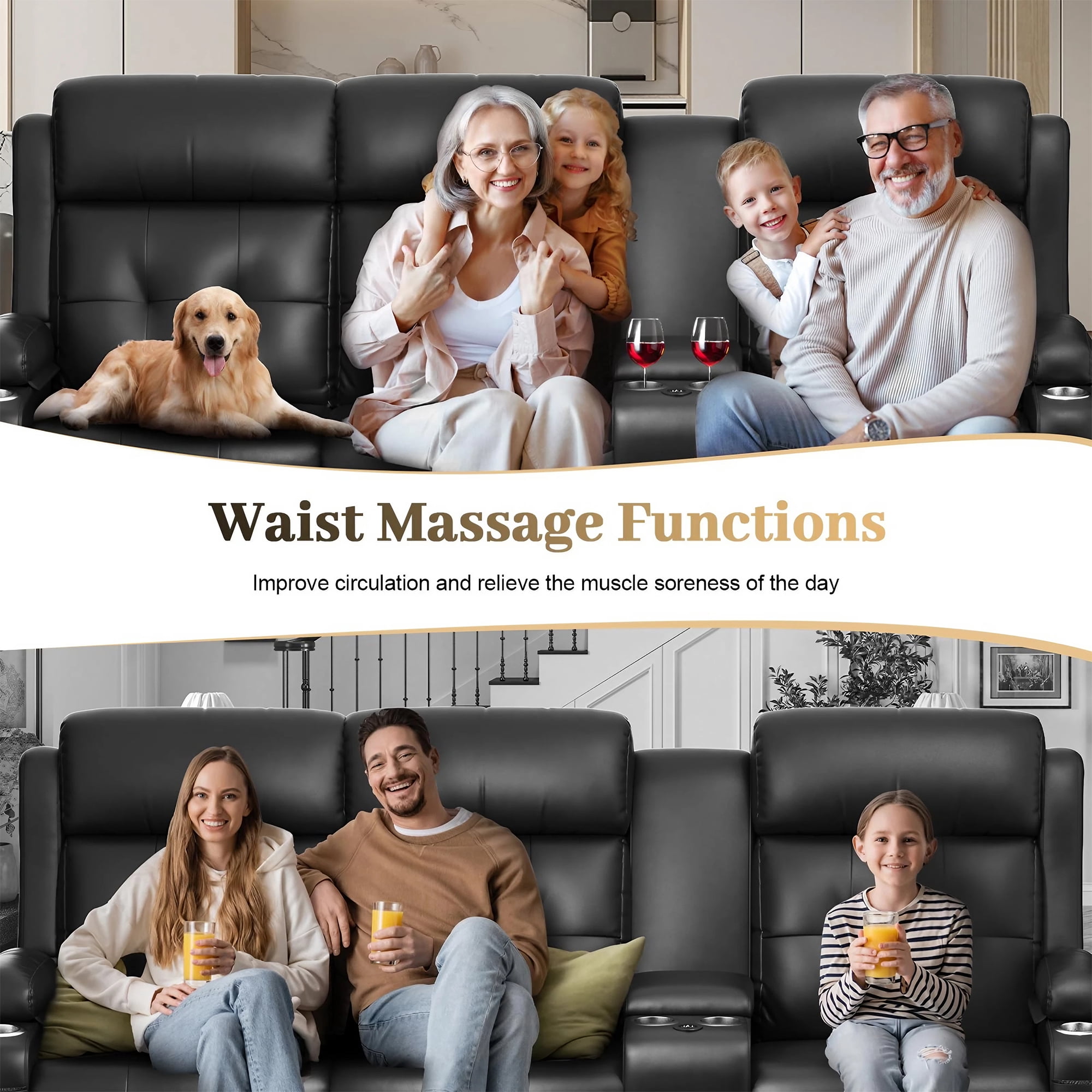 LOBERFVE Recliner Sofa, Massage Reclining 3 Seater Sofa Sets, RV Loveseat Recliner with Console, USB, Type C Port, Storage, Cup Holders, Wall Hugger Chair for Living Room, Black