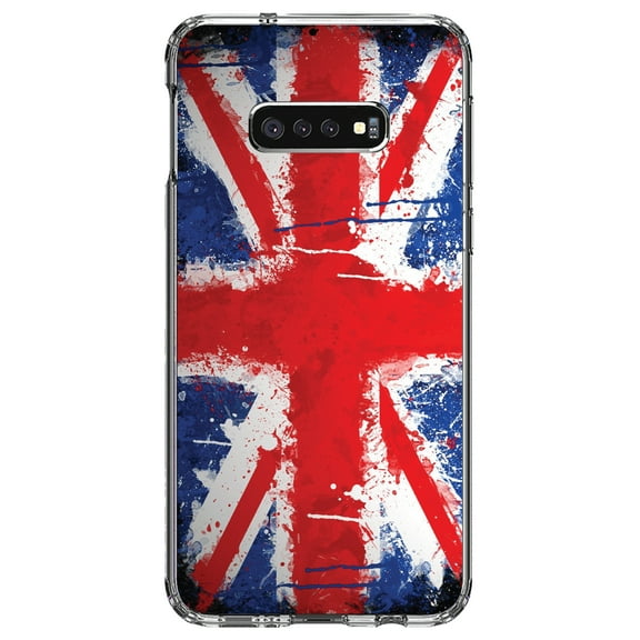 DistinctInk Clear Shockproof Hybrid Case for Samsung Galaxy S10e (5.8" Screen) - TPU Bumper, Acrylic Back, Tempered Glass Screen Protector - Red White Blue British Flag Graffiti - the UK