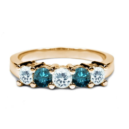 0.96 Ct Round Sky Blue Aquamarine Blue Diamond 14K Yellow Gold Wedding Band Ring