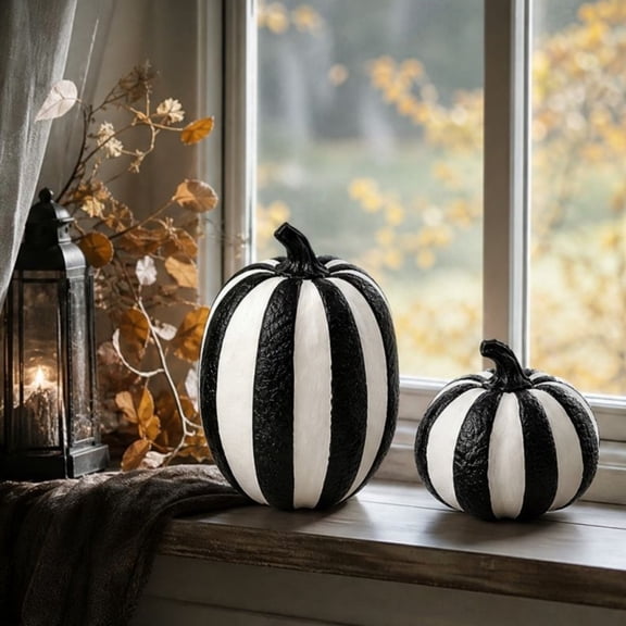 Dalxymotic Halloween Pumpkin Figurine, 2 Pack Black White Stripe Gourd Statue, Halloween Decorations Indoor Outdoor, Fall Decor Accent, Spooky Centerpiece for Table, Mantel, Shelf