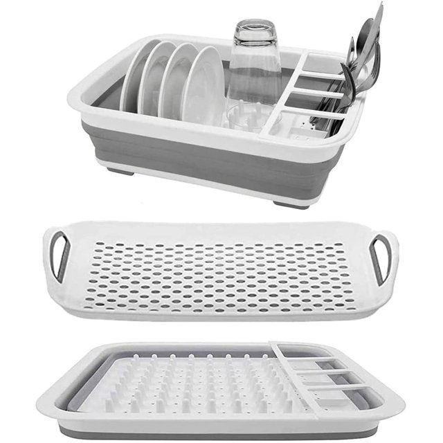 GINFH Collapsible Dish Drying Rack with Drainboard Portable Dish Drainer Foldable Drying Dish Storage Rack Silverware Organizer Camping RV Kitchen Accessories and Outdoor Activities