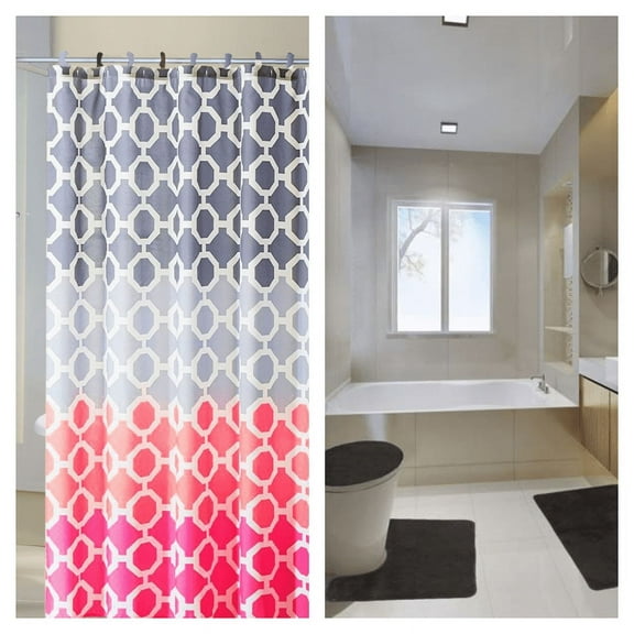 16PC BATHROOM SET HAJAR CAHRCOAL DESIGN WASHABLE NON SLIP INCLUDES 1X BATH RUG 19" X 30" 1X CONTOUR MAT 17" X 17" 1X LID COVER 19" X 19" 1X SHOWER CURTAIN 70" X 70" 12X SET FABRIC COVERED HOOKS