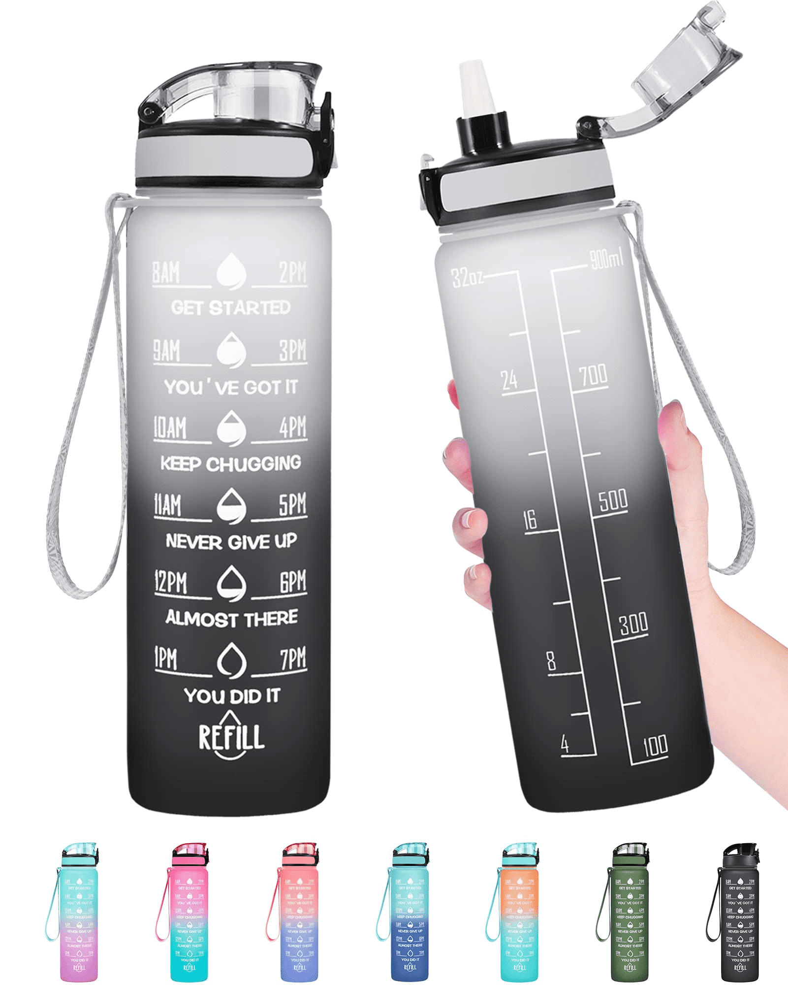 Newfad 32 oz Water Bottles with Straw & Strap, Motivational Water Bottles  with Times to Drink, BPA Free Reusable Sports Water Bottle with Sleeve