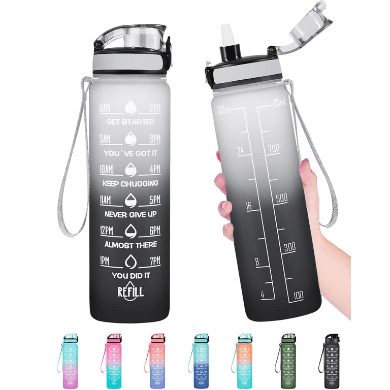 ELYPHINE 32/24 oz Water Bottles with Removable Straw & Time Marker, Motivational Sports Bottles with BPA Free Tritan Material, Leakproof Water Jug
