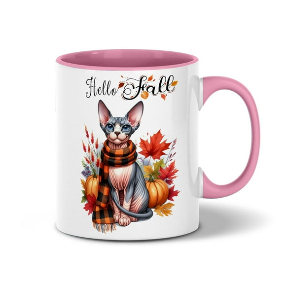 Hello Fall Sphynx Scarf Welcome Autumn with Leaves Pumpkins 11oz Accent Two-tone Mug Cat Lover Kitten Owner Gifts Idea Coffee Tea Cup - 00011