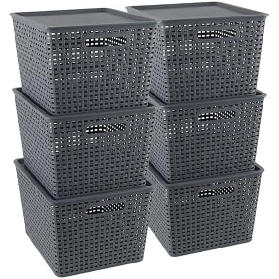 6-Pack Large Plastic Weave Storage Basket with Lid, Grey Storage Basket Bins$$Home Decor, Kitchen, & Other