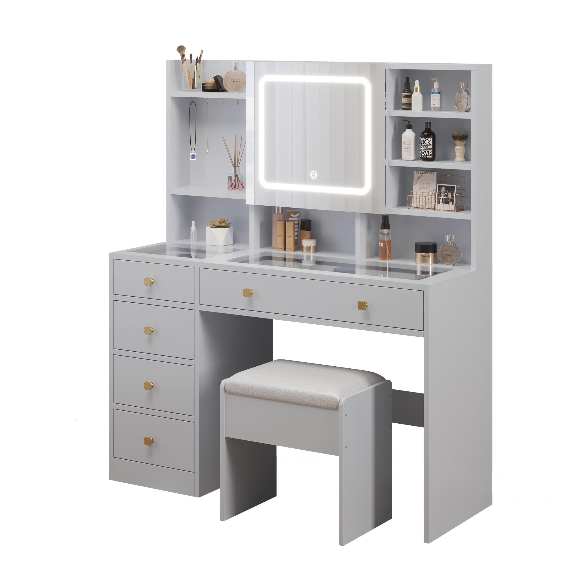 5-Drawer Dressing Table Set with Shelves and Hooks Dressing Table with Power Strip LED Three-Tone Mirror and Tempered Glass Desktop Vanity Set with Textured Melamine Finish 47.24*15.75*53.54in White