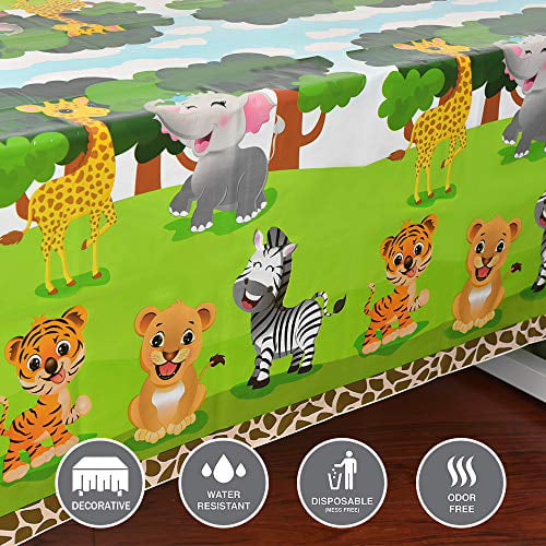 2 Pack 54” x 108” Full Printed Disposable Plastic Tablecloth Zoo Jungle Animals Party Supplies for Kid Birthday Baby Shower Party Decorations WERNNSAI Safari Theme Party Table Cover