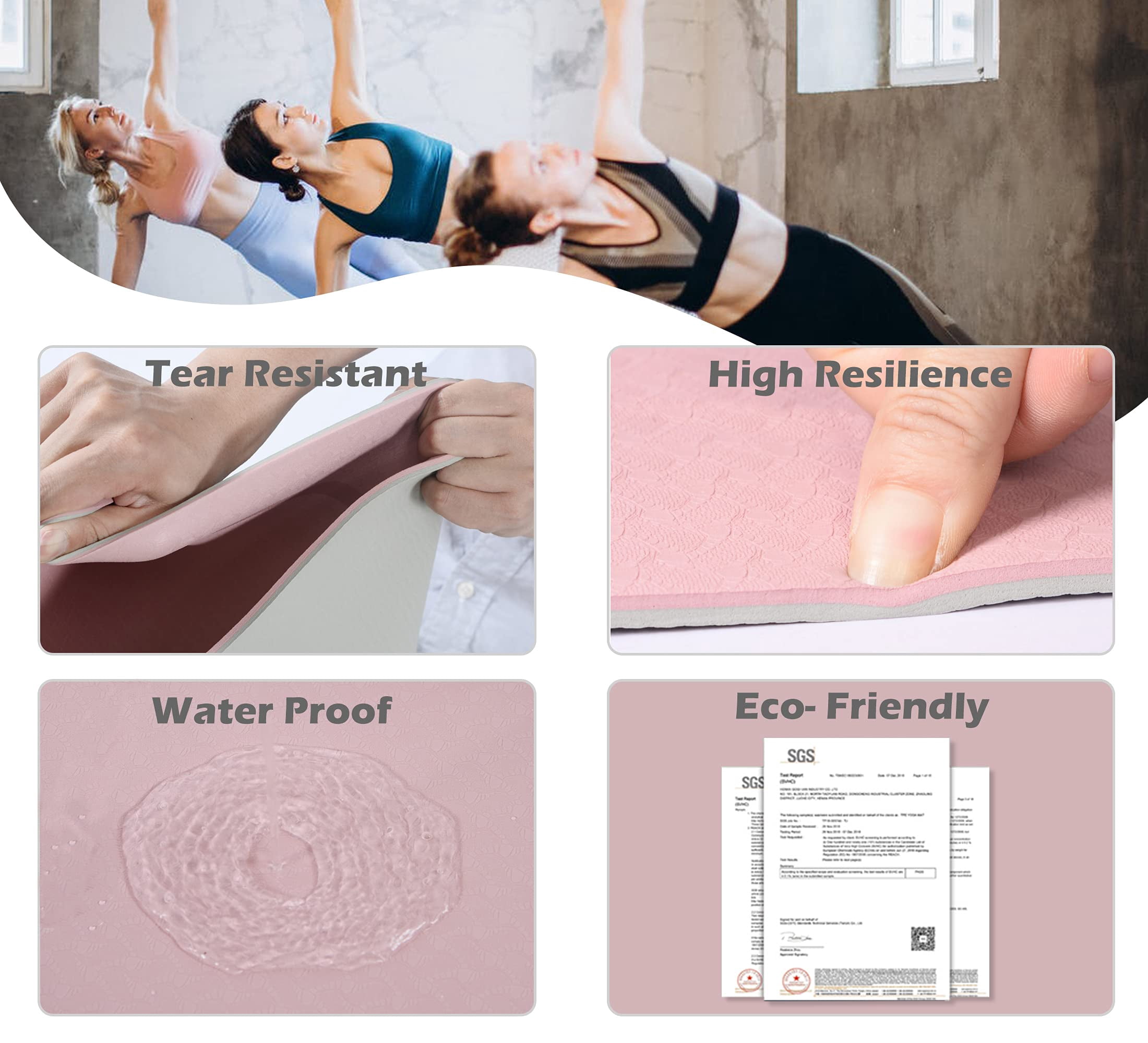 Yoga Mat 72"x24" Parfait Pink & Gray Non-Slip Exercise Mat for Pilates Fitness Home Workouts