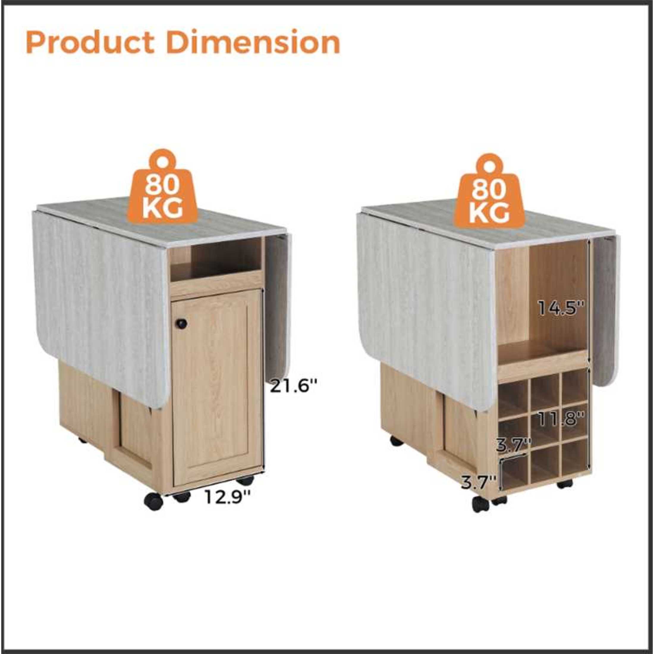 GDF Studio 50.8" Foldable Drop Leaf Dining Table with Rolling Storage Cabinet, Light Oak+Slate
