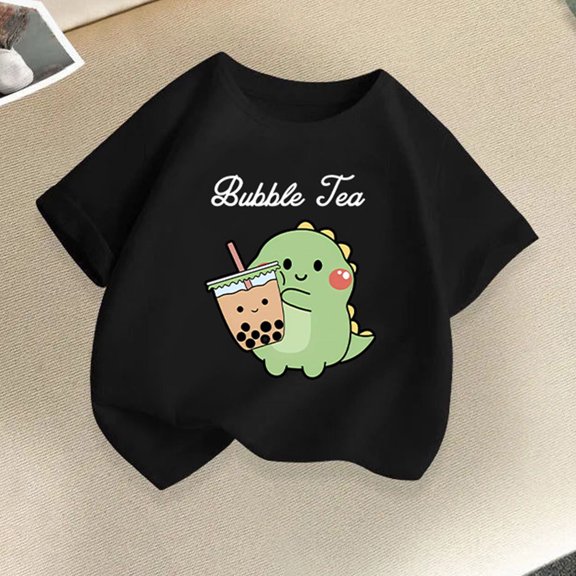 Crunowin Boys and Girls Short Sleeve T-Shirt Round Neck Dinosaur Print Summer Casual Playtime Comfort Top Black Size 4/6