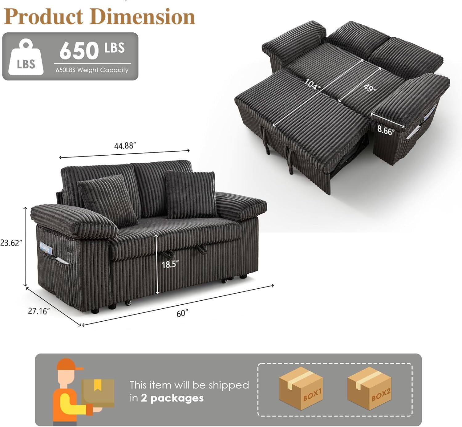 3 in 1 Convertible Sleeper Sofa Bed, 60" Pull Out Couch with Adjustable Backrest, Corduroy Loveseat Sofa Couch with Side Pockets for Living Room Bedroom Apartment Small Space (Dark Grey)