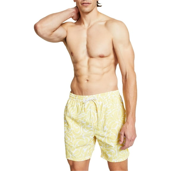 Men's Vibrant Printed Drawstring Swim Trunks Abstract Yellow White XXL
