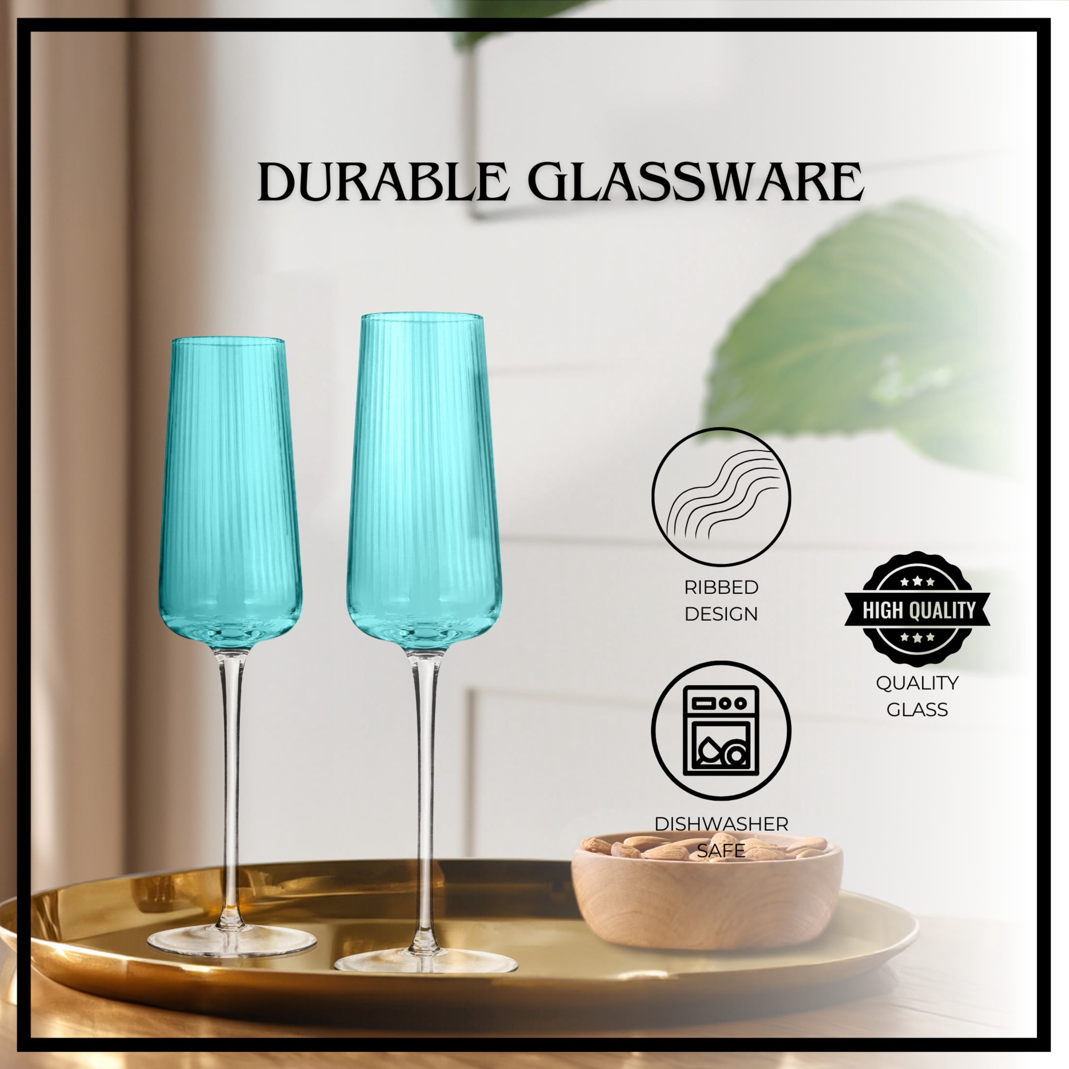 Artland Soho Optic 8.5 oz Champagne Flute, Set of 4 - Modern Contemporary Stemmed Glasses - Ideal for Weddings, Parties, Prosecco, Sparkling Wine, Excellent Gift Idea, Dishwasher Safe (Turquoise)