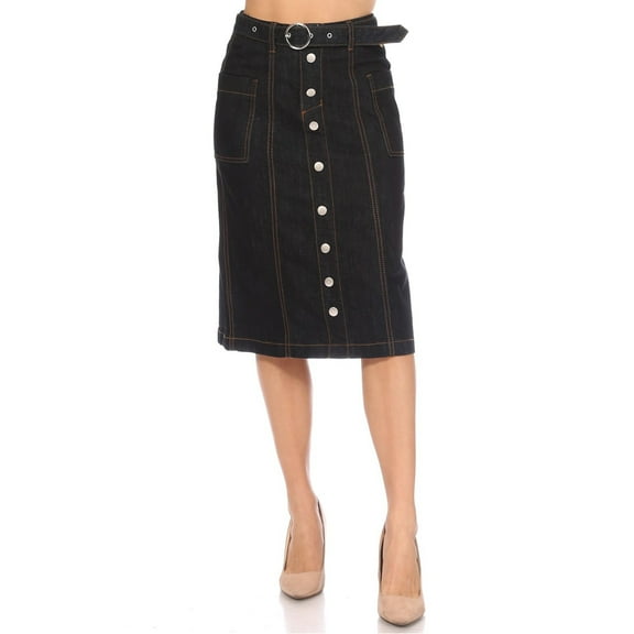 Be-Girl Mid-Waisted Button-Front Belted Denim Solid Skirt with Pocket Detail