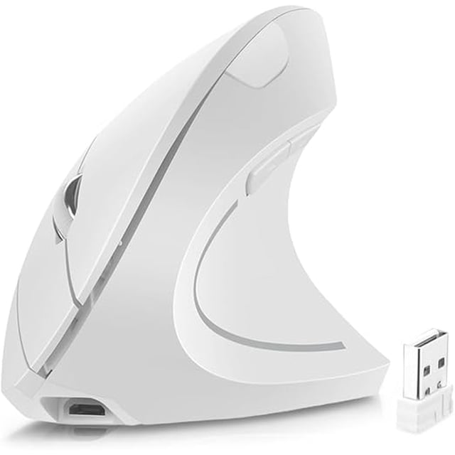 "Mouse Inalámbrico Ergonómico Recargable Blanco, 2.4GHz Ratón Óptico con 3 DPIs (800/1200/1600), 6 Botones y Receptor USB para Mac y Windows "