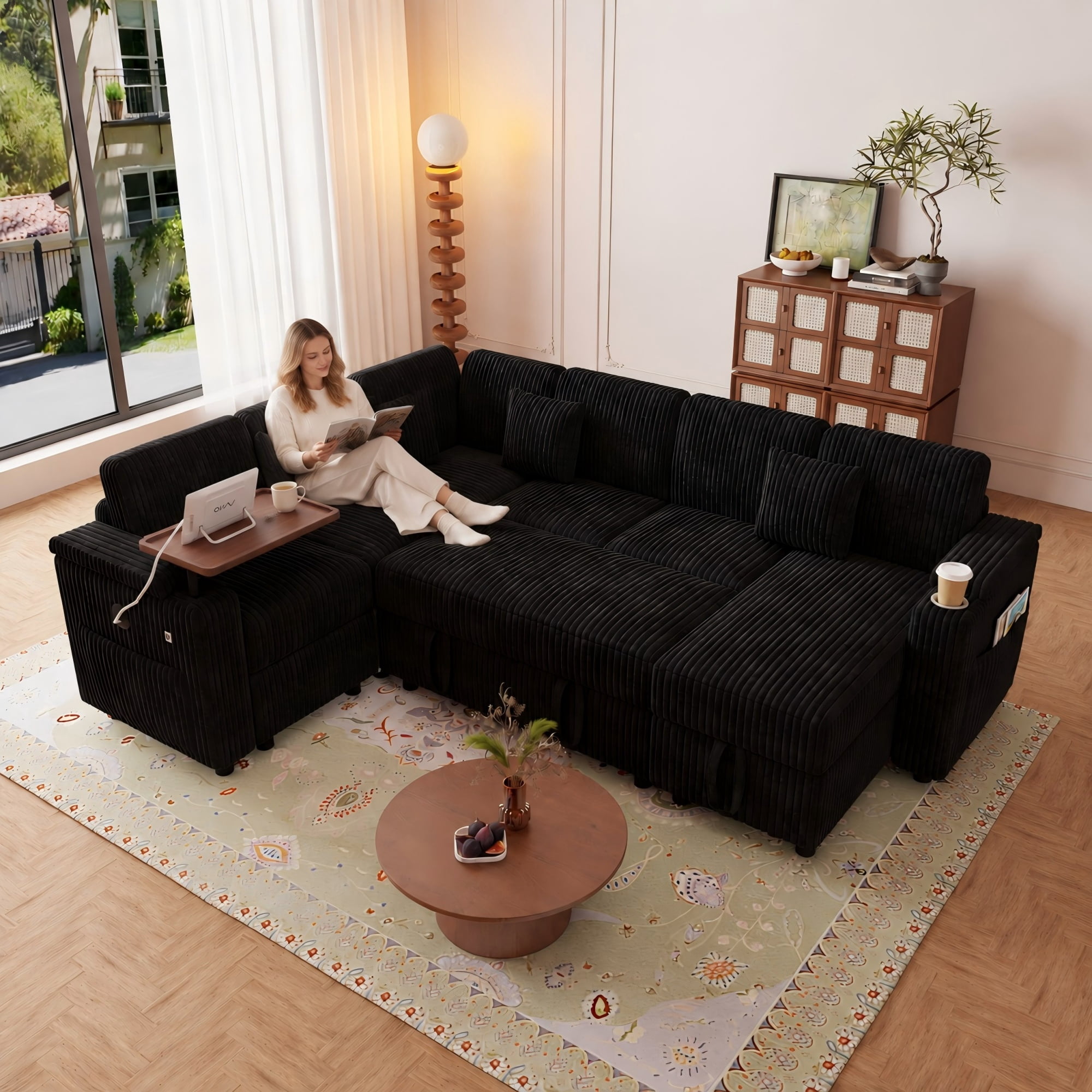 BSHTI 100" Corduroy U‑Shaped Convertible Pull‑Out Sofa Bed with USB Ports, Desk & Cup Holder for Living Room,(Black)