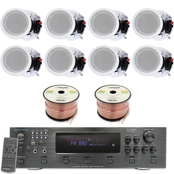 Home Theater System Kit - 6 Channel 6000 Watts Bluetooth Amplifier, 8 QTY of 8” Framed Ceiling Speakers 300 W Each, 16 AWG 500 ft Speaker Wire & Remote Ideal for Home, Office by Technical Pro