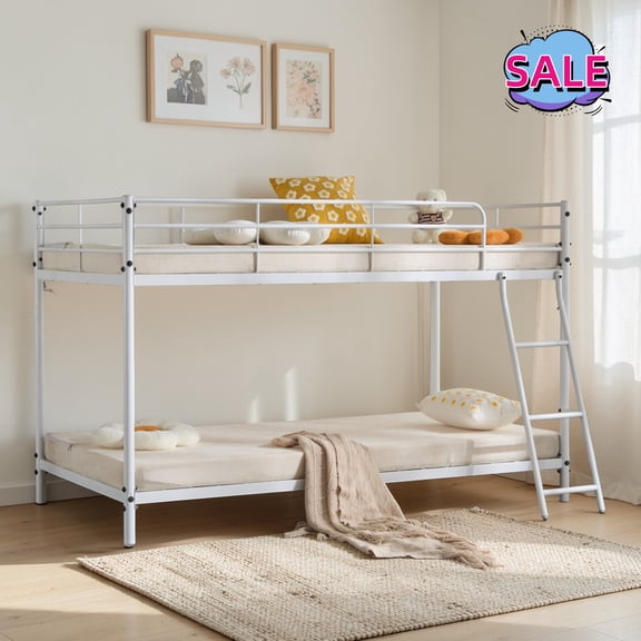 Hassch Twin Over Twin Size Bunk Bed, Heavy Duty Metal Bed Frame with Ladder and Guardrail for Bedroom, White