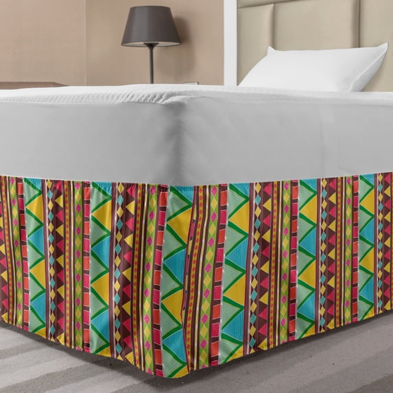 Ethnic Bed Skirt, Geometric Pattern with Vertical Stripes and Zigzags Colorful Doodle Art Style, Elastic Bedskirt Dust Ruffle Wrap Around for Bedding Decor, 4 Sizes, Multicolor, by Ambesonne