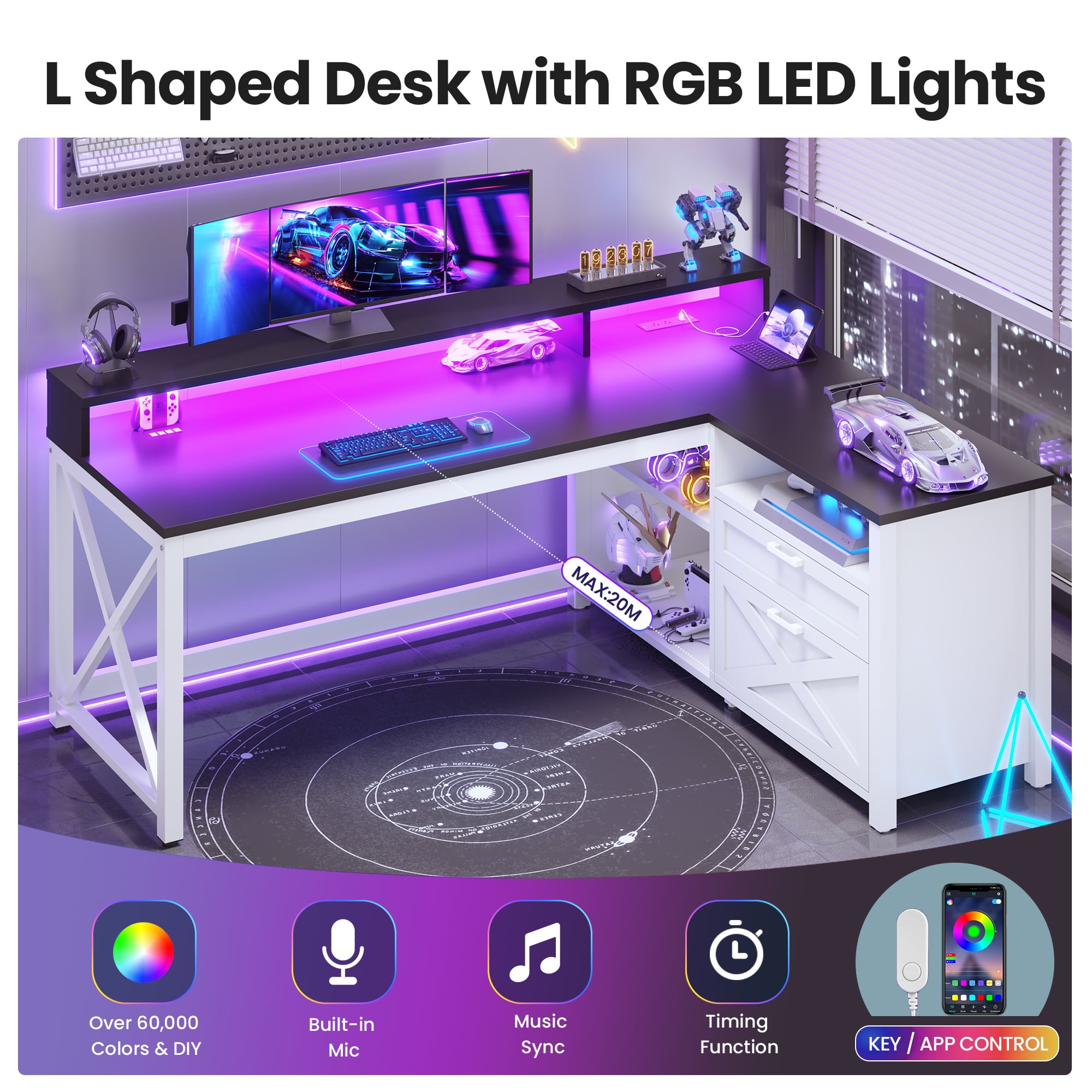 Farmhouse L Shaped Computer Desk with Drawers and Storage Shelves, 55" L Shaped Gaming Desk with LED Lights, Home Office Desk