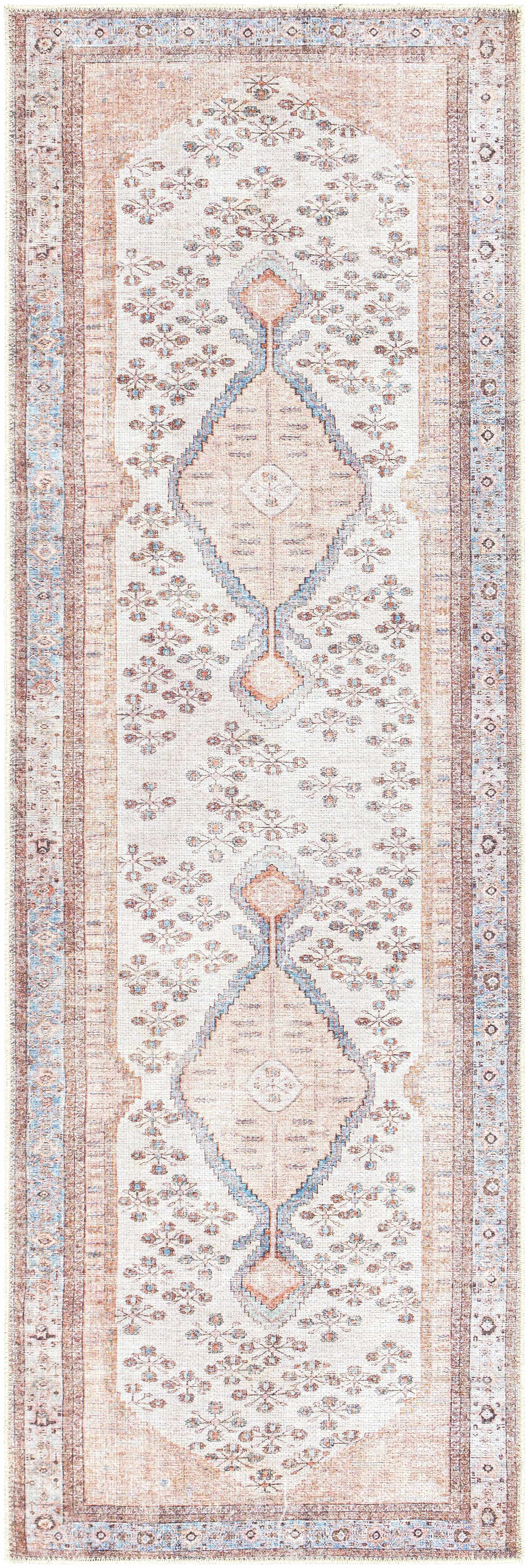 Hauteloom Moora Boho Vintage Distressed Runner Rug - Machine Washable Traditional Medallion Area Rug for Hallway, Kitchen - Tan, Peach, Blush - 2'7" x 10'
