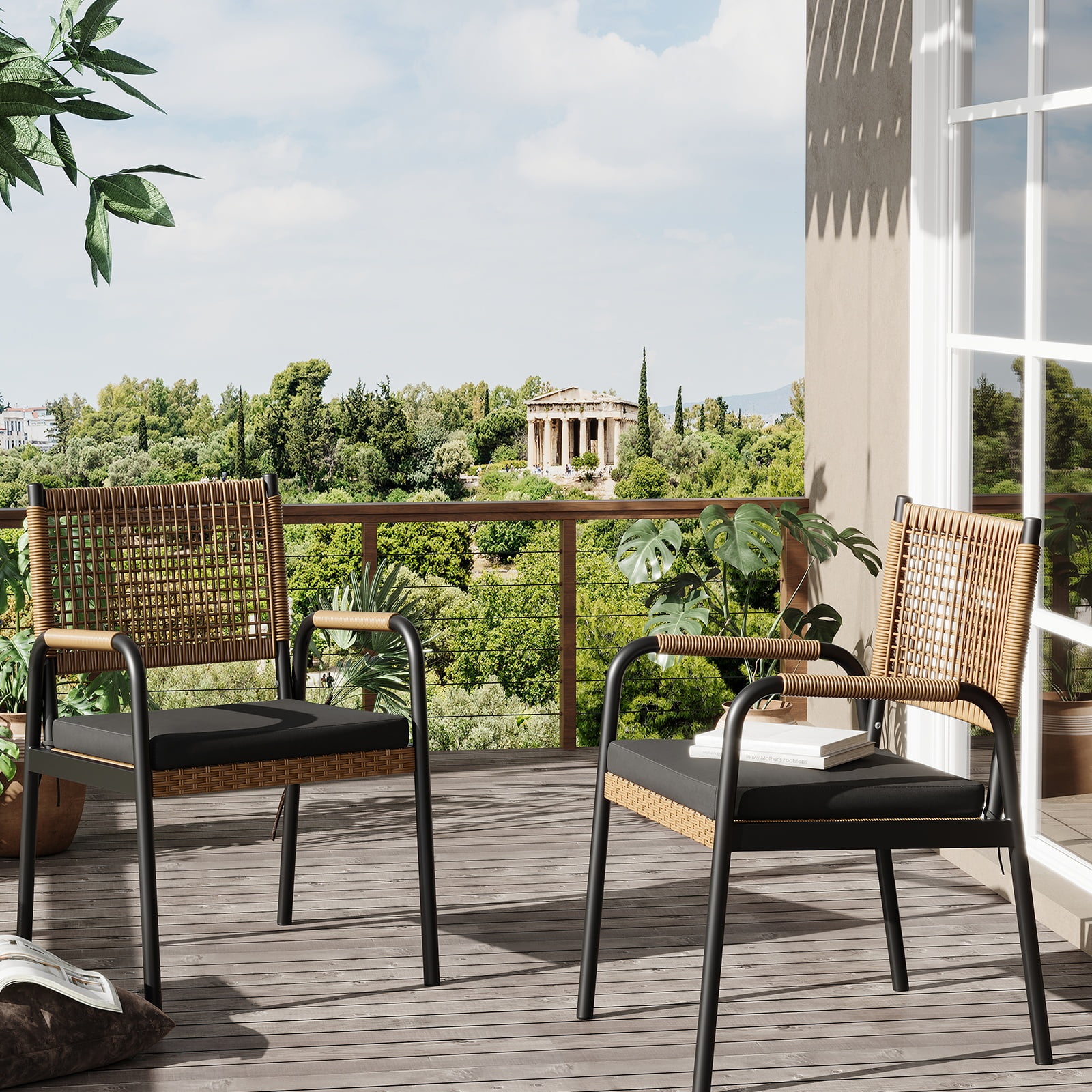 Riedhoff Outdoor Patio Dining Chair Set of 4, with 1.18" Cushions and Armrest, Black/Brown
