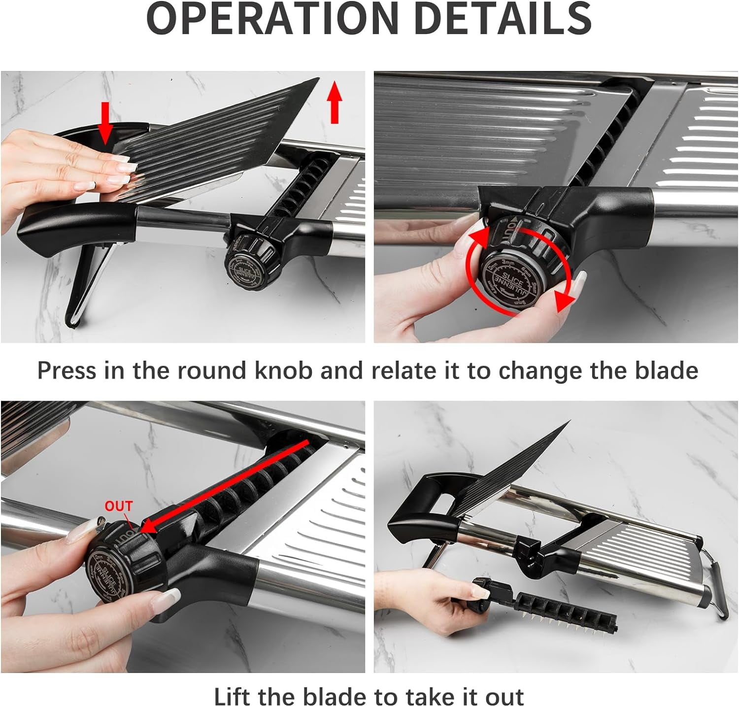 Hinzonek Mandoline Food Slicer, Adjustable Stainless Steel Vegetable Slicer with Hand Guard, Fruit Vegetable Onion Potato Julienne Chopper Slicer