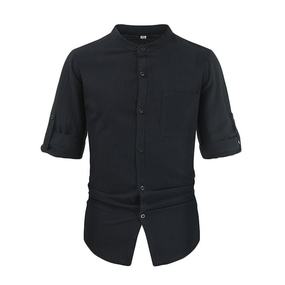IYTR Mens Shirt Comfy Fashion Elbow-Length T Shirts Button Up Stand Up Collar Modern Stylish Daily Shirts With Pocket Casual Summer Solid Color Black XXL