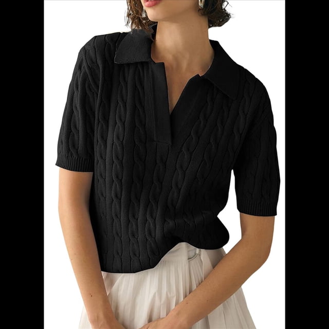 Suéter de Corta con Cable para Mujer, Top de Punto Liso con Cuello en V y Solapa, Camisa Informal Suave, Color Negro, Talla S