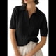 thumbnail image 1 of Suéter de Corta con Cable para Mujer, Top de Punto Liso con Cuello en V y Solapa, Camisa Informal Suave, Color Negro, Talla XL, 1 of 6