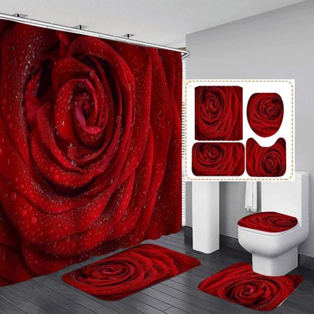 ZHANZZK Valentine's Day Rose 4 Piece Bathroom Set Shower Curtain Bath Rug Contour Mat and Toilet Lid Cover
