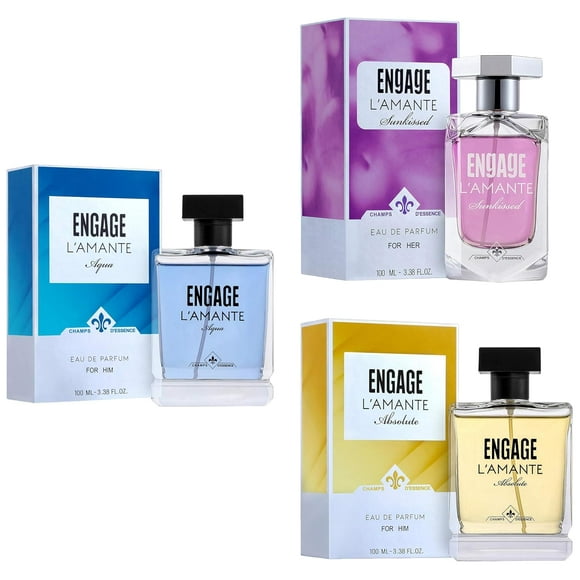 Engage L'amante Sunkissed + Aqua + Absolute Eau De Parfum For Men & Women Pack Of 3X 100ml - 3.4 Fl.oz. Each | Skin Friendly & Long Lasting Smell - Perfect Gift For Husband & Wife