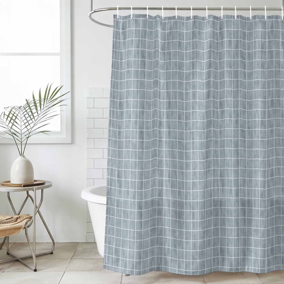 Sky Blue Plaid Shower Curtain Set, Waterproof Shower Curtains for Bathroom, Farmhouse Buffalo Checkered Gingham Washable Fabric Cloth Bath Curtain for Bathtub Decoration with Hooks 72x78 Inches