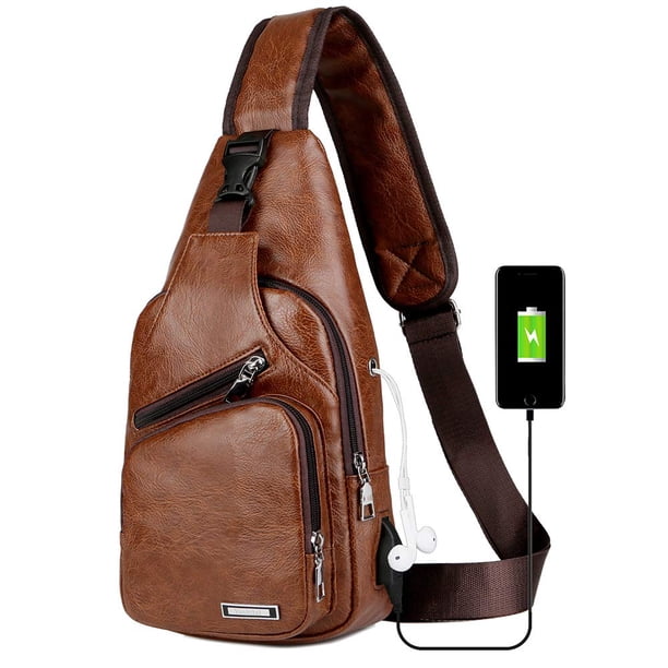Mochila bandolera de piel para hombre con puerto USB