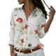 thumbnail image 1 of Qarigey Blusa de manga larga con solapa para mujer, blusa con patrón de solapa, estilo suelto, larga, para mujer Prendas para la parte del cuerpo flores blancas + rojas 2XL, 1 of 6