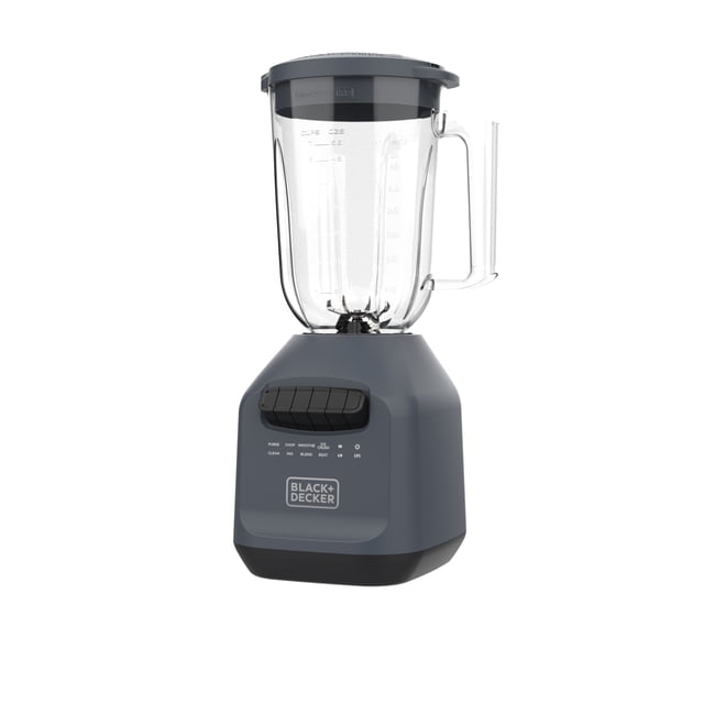 Black+Decker Ice Crush grey blender with 56 oz clear jar, 8-speed settings, and six stainless steel blades.