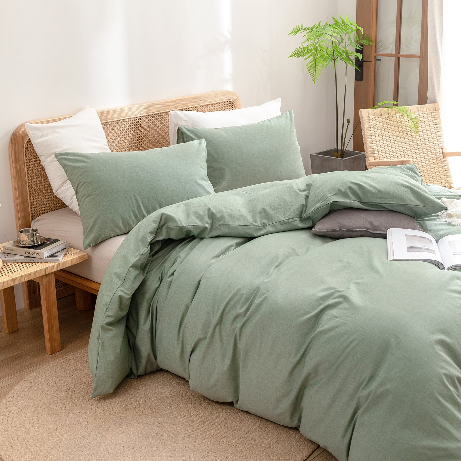 BESTOUCH Duvet Cover Set Twin 100% Washed Cotton Linen Feel Soft Chic Lightweight 2Pcs (Green, 68"x90")