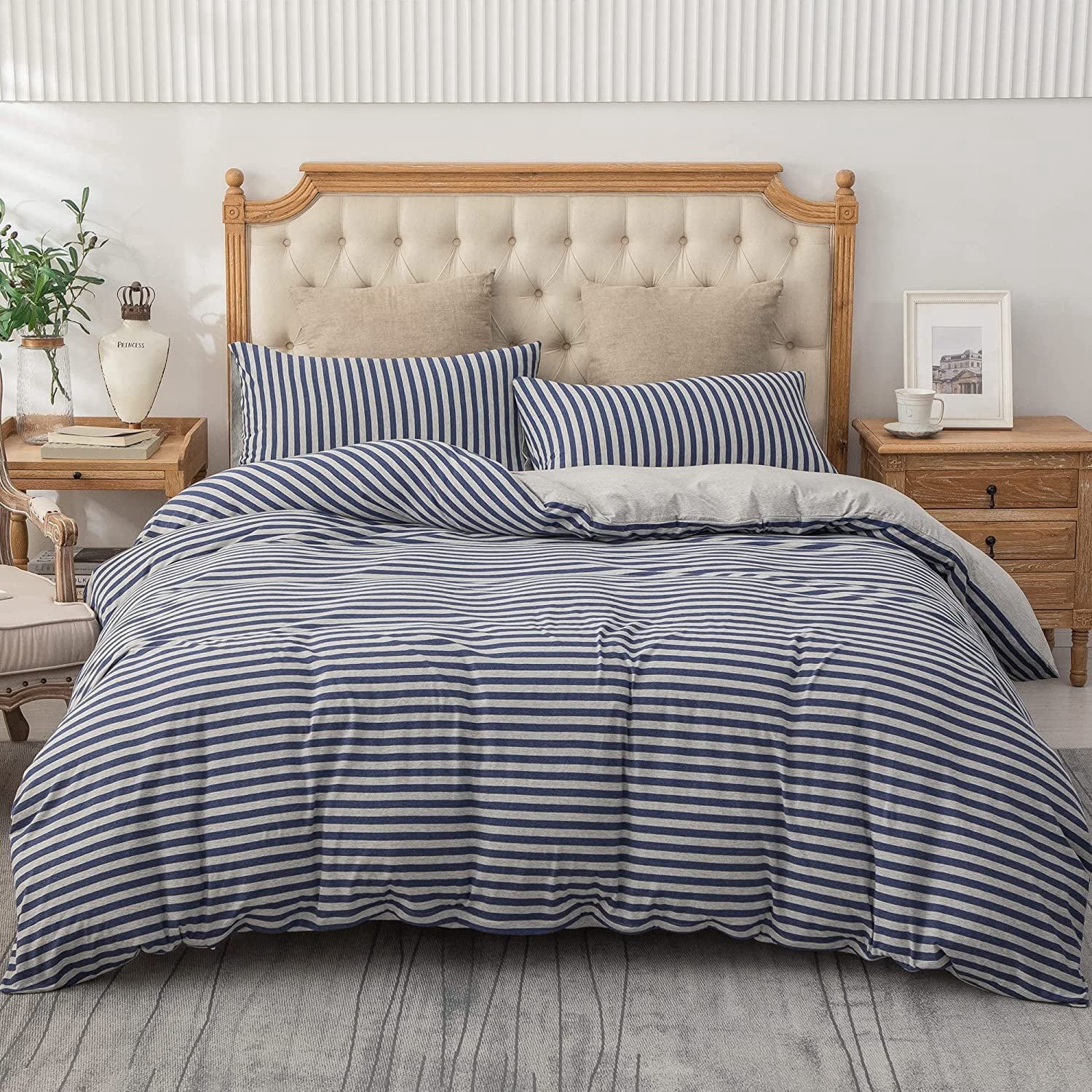 PURE ERA Classic Striped Jersey Knit Duvet Cover 100% Cotton 3pc Bedding Set Ultra Soft (Blue Grey Stripes King)