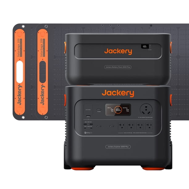 Jackery Kit de generador solar 4000, Explorer 2000 Plus y 1 batería expandible PackPlus E2000 Plus con panel solar de 2 x 200 W, LiFePO4 de 4085 Wh, salida de 3000 W para exteriores, RV, camping y eme