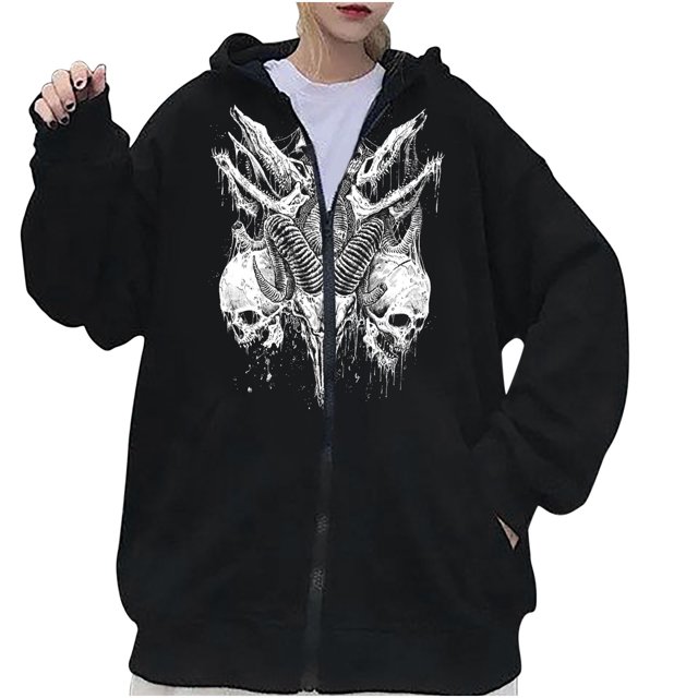 Sudadera de calavera oscura de otoño/invierno para mujer, sudadera con capucha para hombre y mujer, sudadera gótica de pareja Harajuku, sudadera con cremallera de gran tamaño Pompotops FGAJ22506