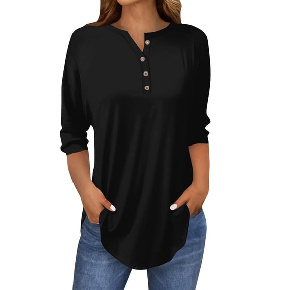 Womens Tops 3/4 Length Sleeve Tops Neck Casual Print Tunic T Shirts Three Quarter Length Tops Blouses For Women