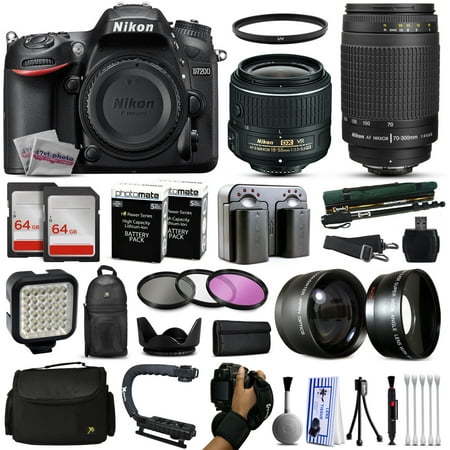 Nikon D7200 DSLR Digital Camera with 18-55mm VR II + 70-300mm f/4-5.6G Lens + 128GB Memory + 2 Batteries + Charger + LED Video Light + Backpack + Case + Filters + Auxiliary Lenses + More!