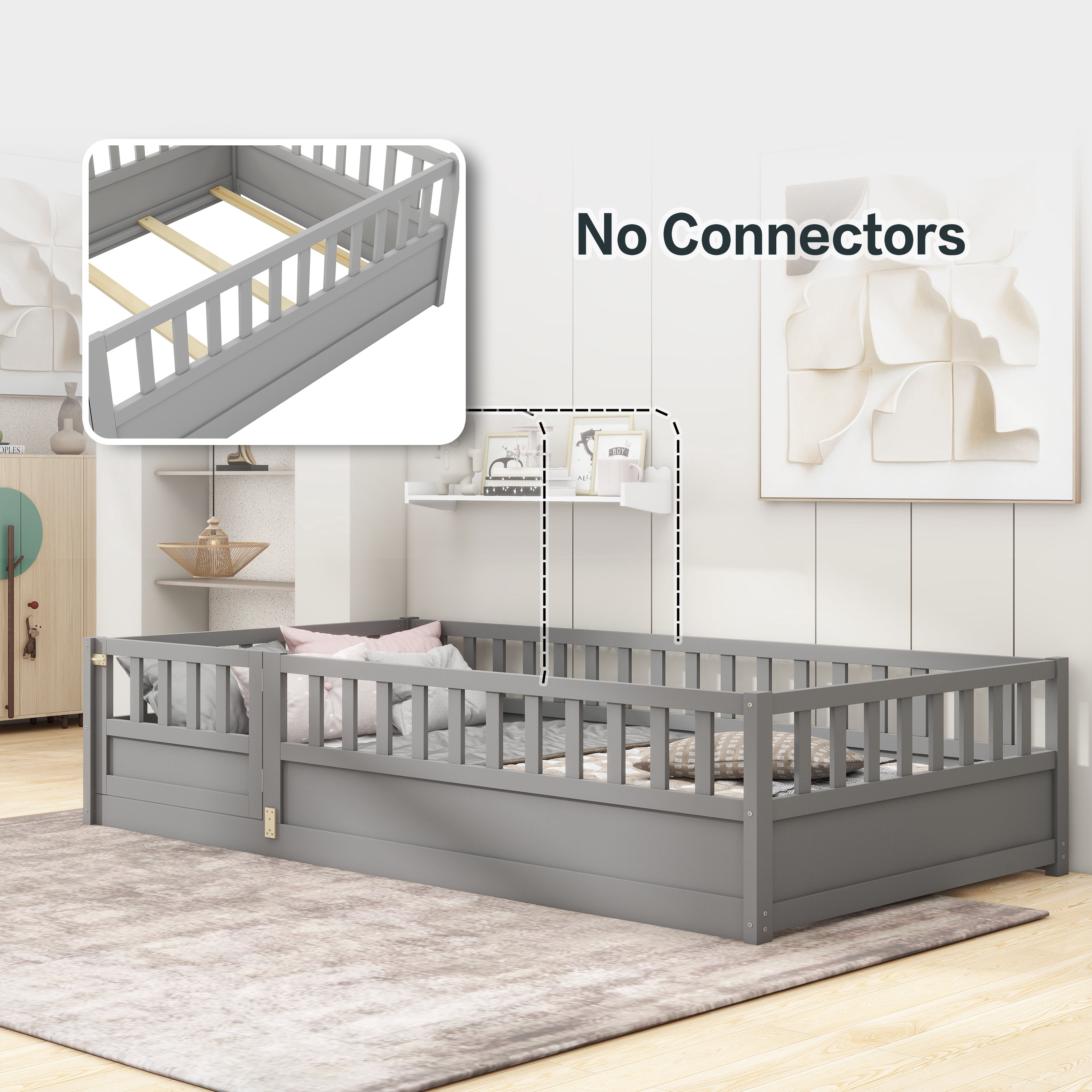 PORKISS Twin Floor Bed, Wooden Kids Bed Frame with High Rails and Slats, Low Toddler Bed with Built-in Door, No Box Spring Needed, Montessori Bed Frame for Children, Gray